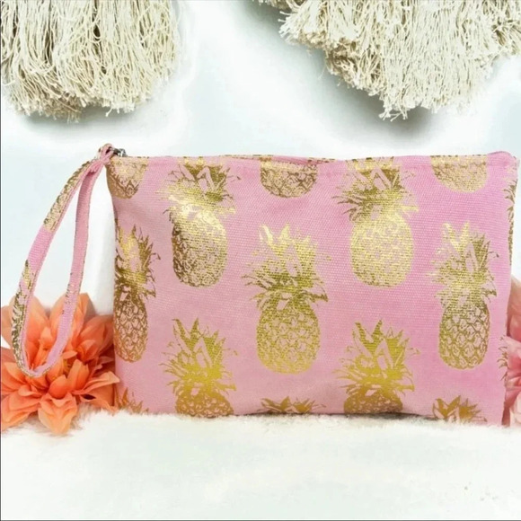Pink Gold Pineapple Clutch | Tropical Wristlet Summer Vacation Bag - Picture 1 of 5
